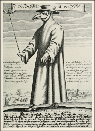 Paul Fürst (c. 1656), Doctor Schnabel (i.e. “Doctor Beak”), a plague doctor in 17th-century Rome (public domain. Source: Wikimedia Commons)