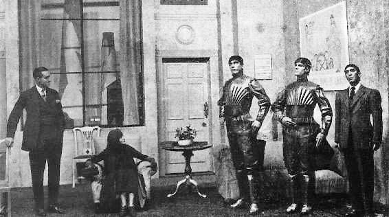 Scene from R.U.R. depicting three robots.