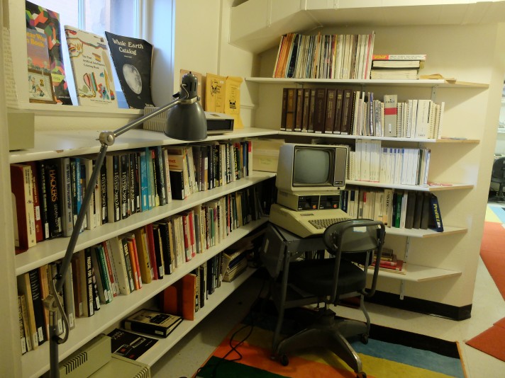 Apple IIe user experiment setup in the library of the Media Archaeology Lab in Boulder.