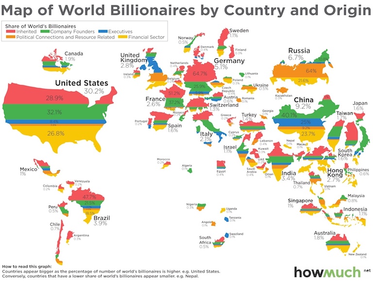 Karte jener Länder, die proportional den meisten Milliardären ein Zuhause geben